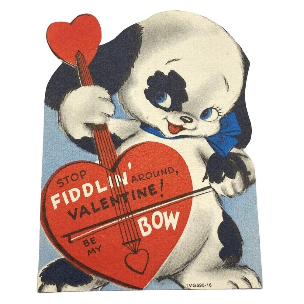 Anthropomorphic Dog Fiddler Valentine Greeting Card Vintage 1940s 4 Inch Diecut